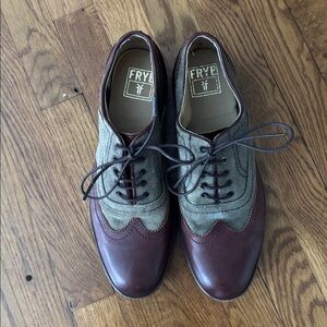 FRYE HARVEY Mens Sz 9.5 WINGTIP BROWN LEATHER  CANVAS  OXFORD SHOES Derby 84471